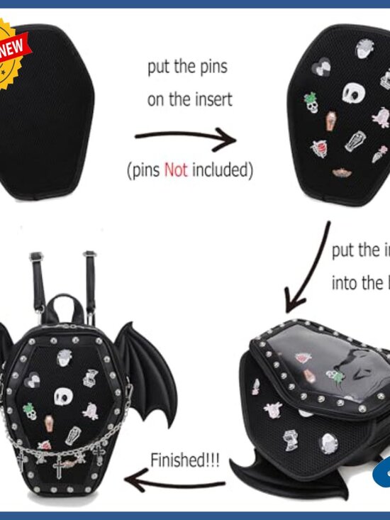 Faux Leather Coffin Backpack with Detachable Bat Wings, Enamel Pin Display main image 5